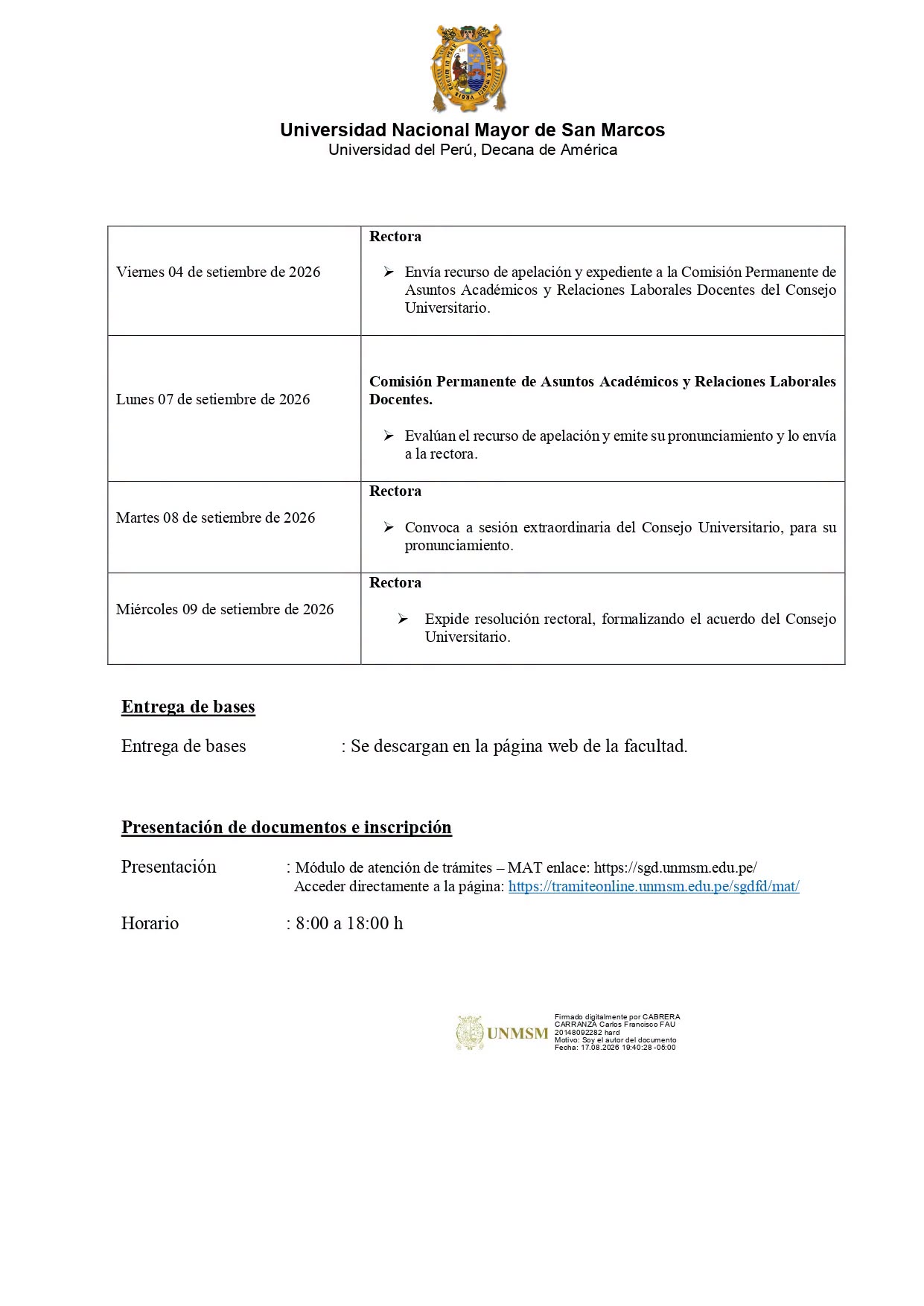 CONCURSO PÚBLICO CONTRATO DOCENTE DE PREGRADO ESTUDIOS GENERALES MODALIDAD PRESENCIAL SEMESTRE ACADÉMICO 2026-II 