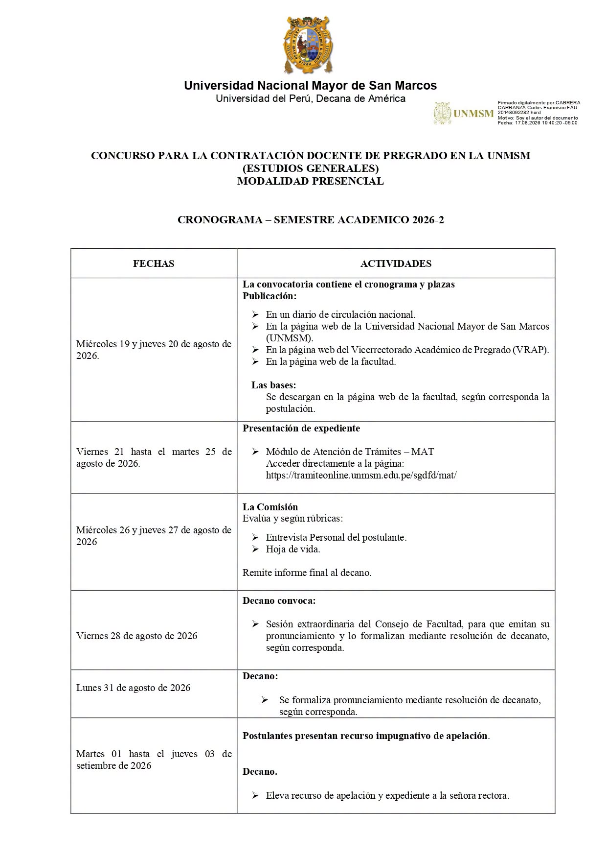 CONCURSO PÚBLICO CONTRATO DOCENTE DE PREGRADO ESTUDIOS GENERALES MODALIDAD PRESENCIAL SEMESTRE ACADÉMICO 2026-II 