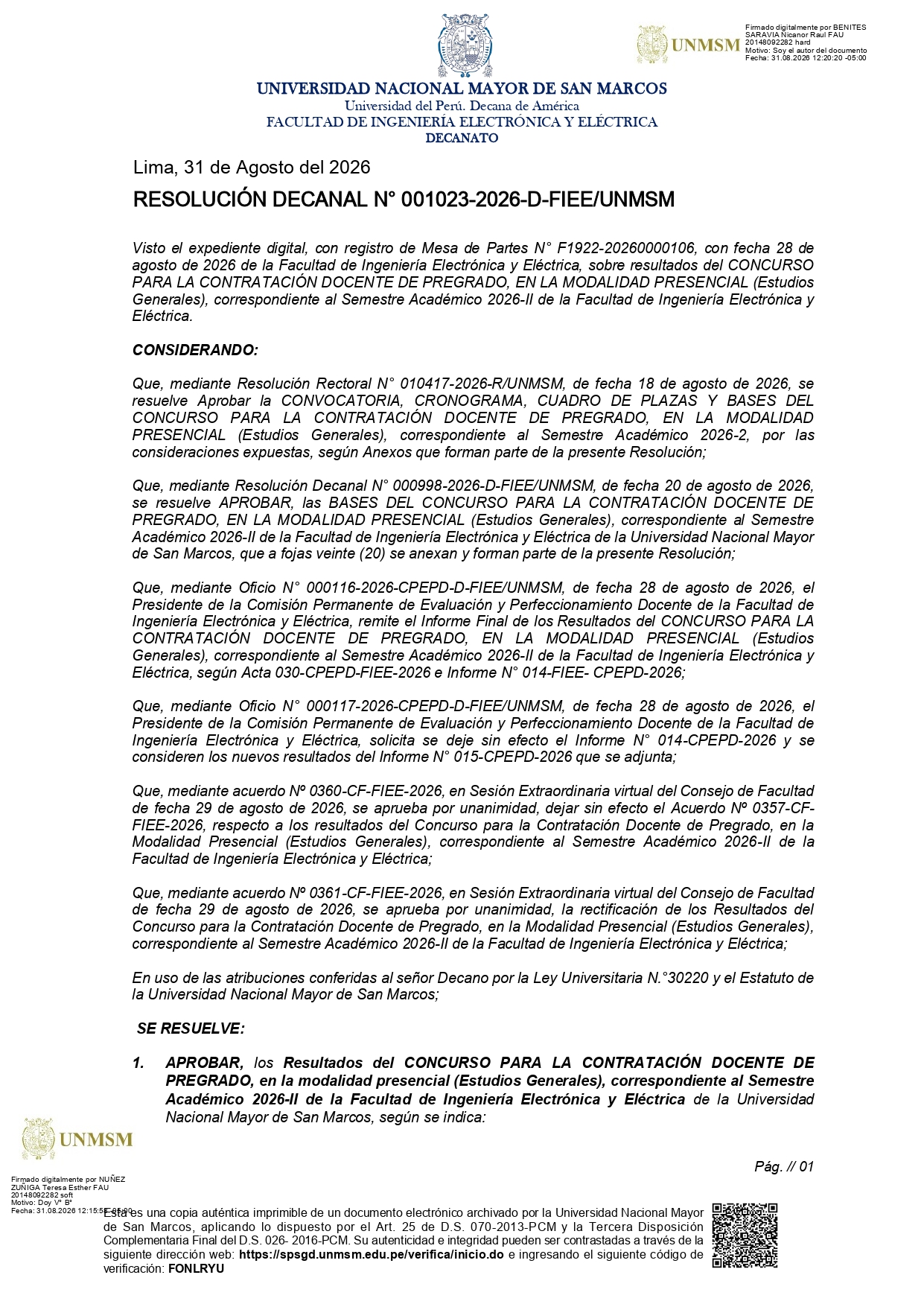 Resultados del concurso de contratación docentes de pregrado