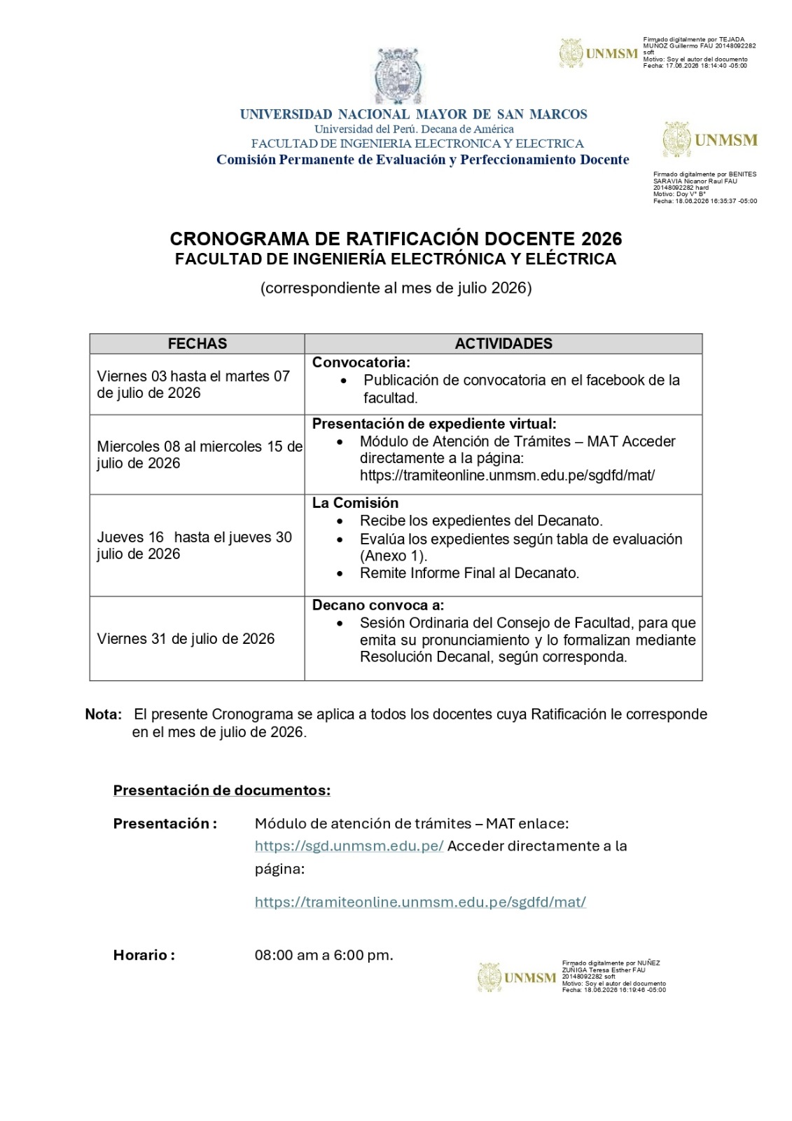 CRONOGRAMA DE RATIFICACIÓN DOCENTE 2026