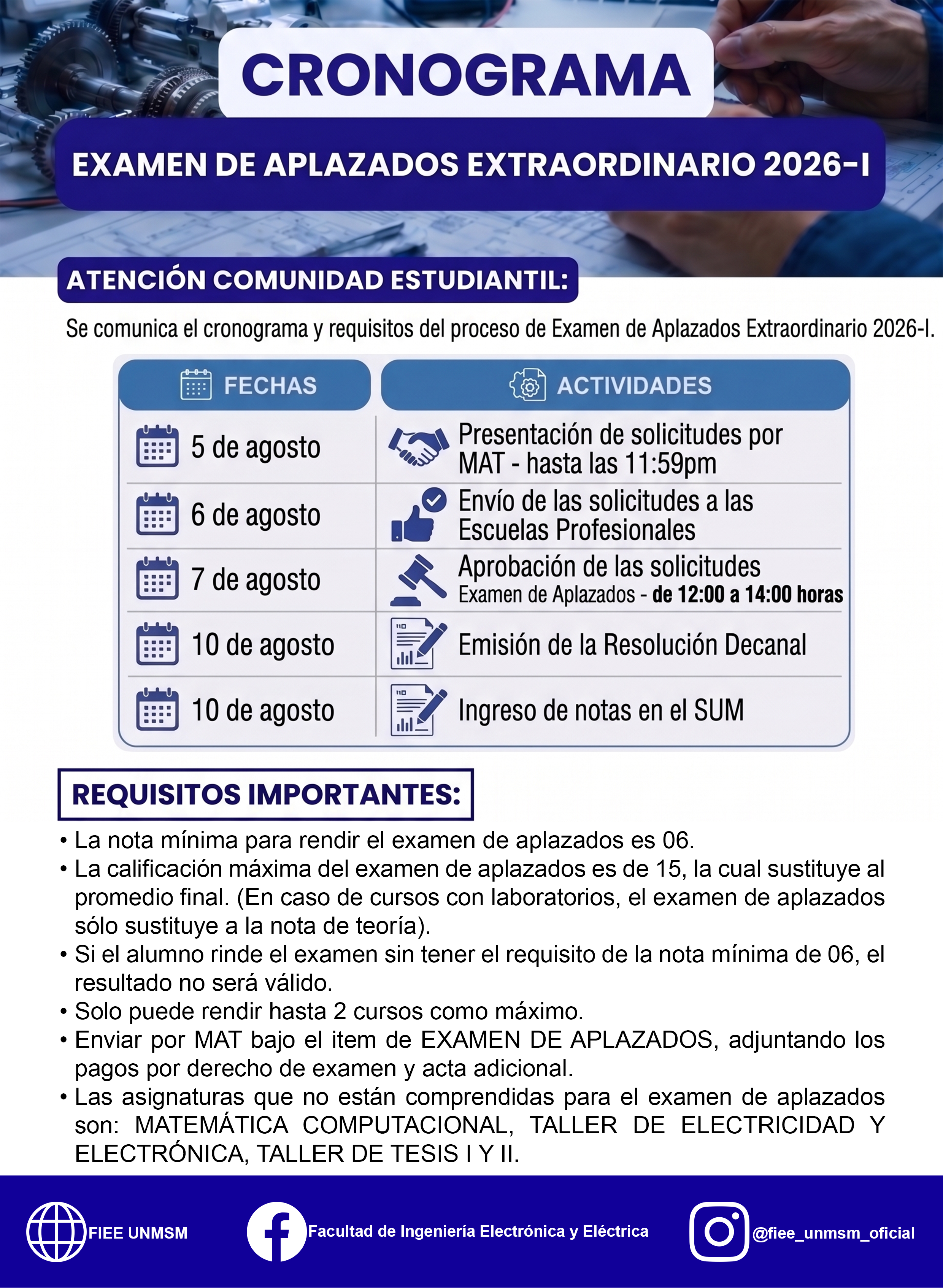 CRONOGRAMA DE EXAMEN DE APLAZADOS EXTRAORDINARIO 2026-I