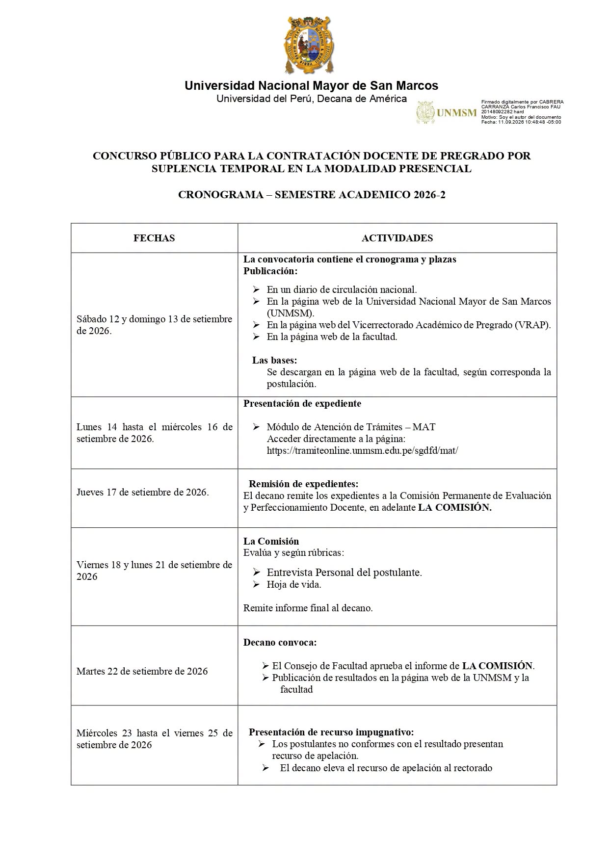 CONTRATO DOCENTE DE PREGRADO por SUPLENCIA TEMPORAL MODALIDAD PRESENCIAL SEMESTRE ACADÉMICO 2026-2